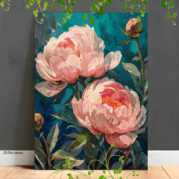 Pink Peony Teal Canvas Wall Decor Ready to Hang Living Room