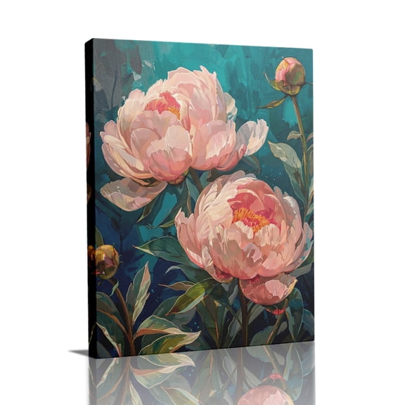 Wallume Store Blush Peony Dark Teal Backdrop Canvas Wall Art - Affordable Stylish Romantic Home Decor