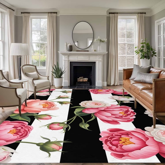 Pink Peony Washable Living Room Rugs 5'x8', Flowers Black And White Stripes Low Pile Throw Large Area Rug Non-Slip Sturdy Edge Binding Carpet for Living Room Kitchen Office