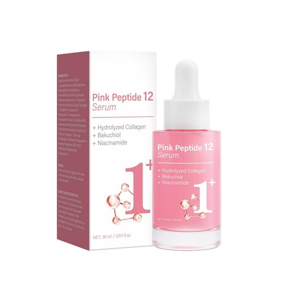 Pink Peptide 12 Serum, Anti Aging Facial Treatment with Peptides & Hyaluronic Acid, 12 Peptides, Niacinamide, Skin glow, Hydrating, Moisturizing, Firming, Uneven Skin Tone, 1.01 Fl Oz
