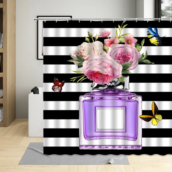 Pink Perfume Floral Shower Curtain Butterfly Natural Flower Black White Stripes Fashion Woman Girl Bathroom r with