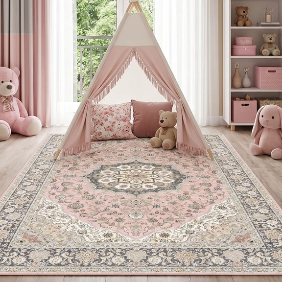 Pink Persian Style Area Rug 8'x10' - Non Slip Washable Low Pile Soft Carpet Stain Resistant for Living Room Bedroom Dining Kitchen - Kid & Pet Friendly