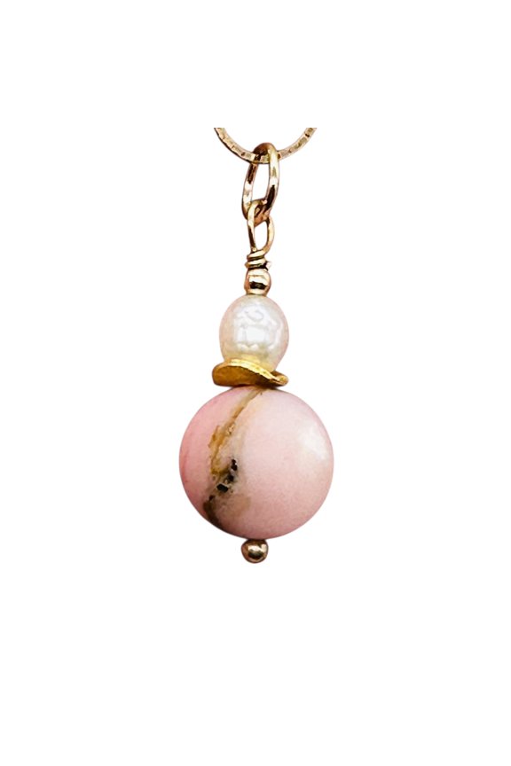 Pink Peruvian Matte Finish Opal, Pearl Drop Bead Pendant | Pink | 1 1/4" Long |