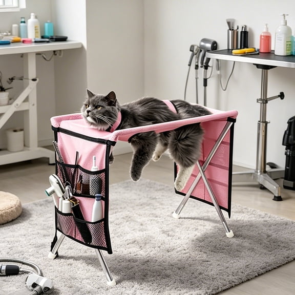 Pink Pet Grooming Bed 24x16x13 Inches, Scratch-Resistant Cat Dog Hammock Bathing Rack, Nail Trimming Grooming Station