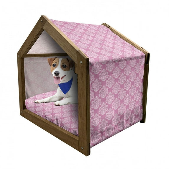 Damask Pet House, Flora Design with Middle Eastern Motifs Flowers Leaves Swirls Vintage Inspirations, Outdoor & Indoor Portable Dog Kennel with Pillow and Cover, 5 Sizes, Pink White, by Ambesonne