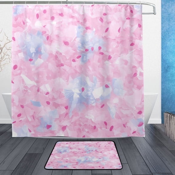 Pink Petal Pattern Bathroom Accessory Sets Waterproof Shower Curtain with Anti-Slip Bath Mat Durable Combo