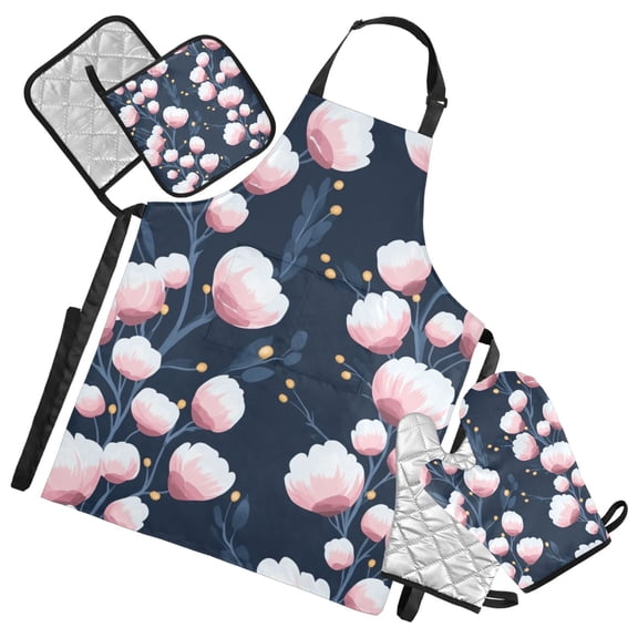 Pink Petals on A Dark Background Oven Mitts and Pot Holders with Chef Apron Set 5 Pcs Kitchen Cooking Set