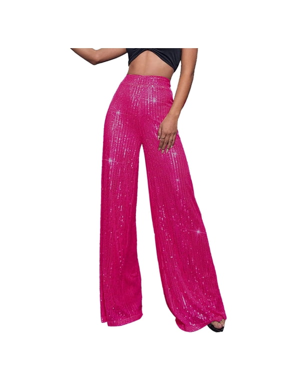 Pink Petite Work Pants, Business Casual Pants, Palazzo Pants For Women Dressy, Business Casual Dress For Women, Women's High Waisted Sequin Loose Drape Wide Leg Pants Fashion Casual