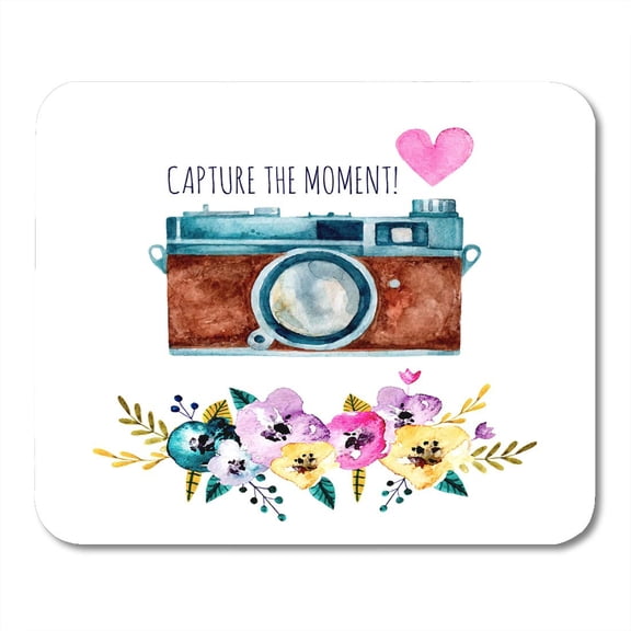 Pink Photographer Capture The Moment Vintage Watercolor Camera with Flowers and Heart Colorful Hipster Mousepad Mouse Pad Mouse Mat 9x10 inch