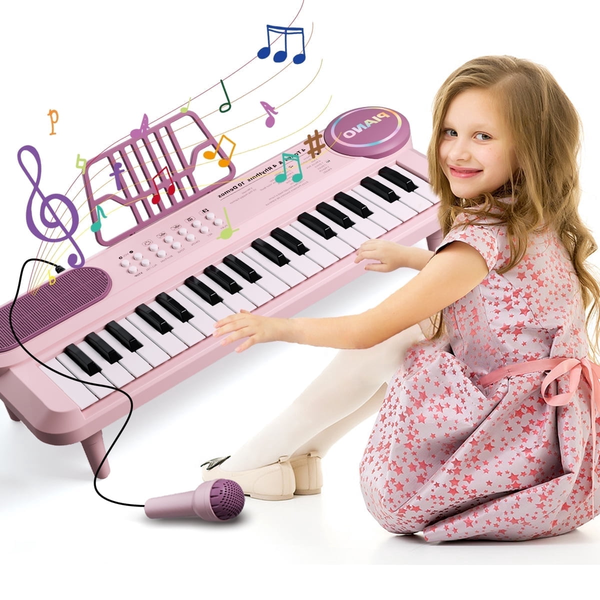 Pink Piano for 1 2 Year Old Girls, 37 Keys Music Keyboard Toy,Portable Piano with Microphone Music Stand,  Birthday Gift for Kid Age 2-4