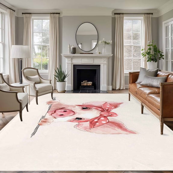Pink Pig 6'x9' Area Rug for Living Room, Cartoon Watercolor Animals Printed Bows Washable Non-Slip Floor Mat Rugs for Bedroom Dining Room, Indoor Large Carpet for Classroom, Nursery Rugs for Playroom