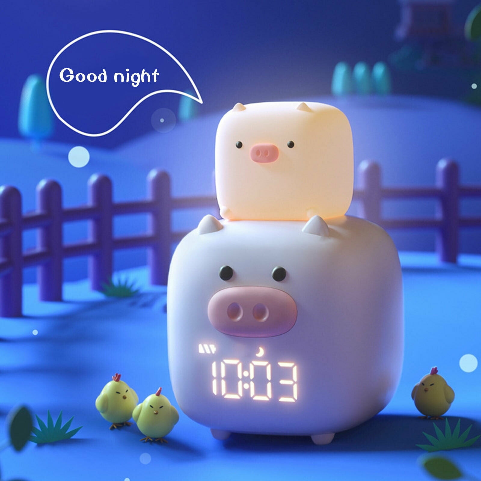 Pink Pig Alarm Clock Night Light Desk Tabletop Clock Rechargeable USB