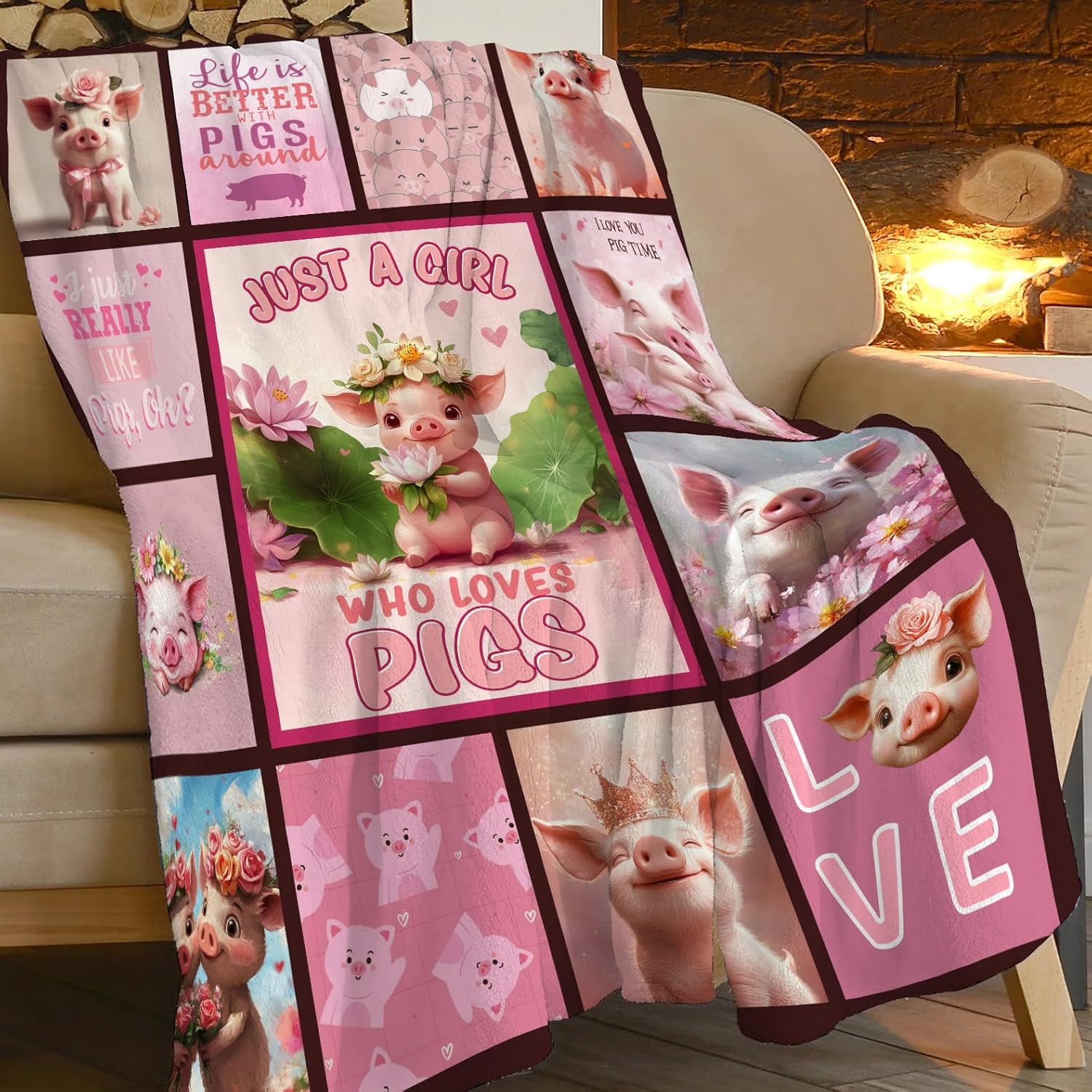 Pink Pig Blanket Who Loves Pigs Blankets for Women Flowers Fleece Cozy Flannel Warm Soft Fuzzy Plush Funny Animal Print for Sofa Bed Decor Gifts for Pig Lovers Users Men Women 80"x60"