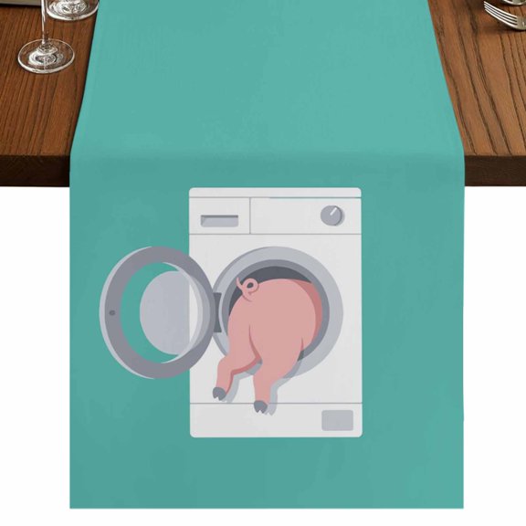 Pink Pig Burlap Cotton Table Runner 18x72 Inches Long, Teal Laundry Room Washing Machine Farmhouse Table Runners, Outdoor Dining Table Decor for Baby Shower/Party/Wedding