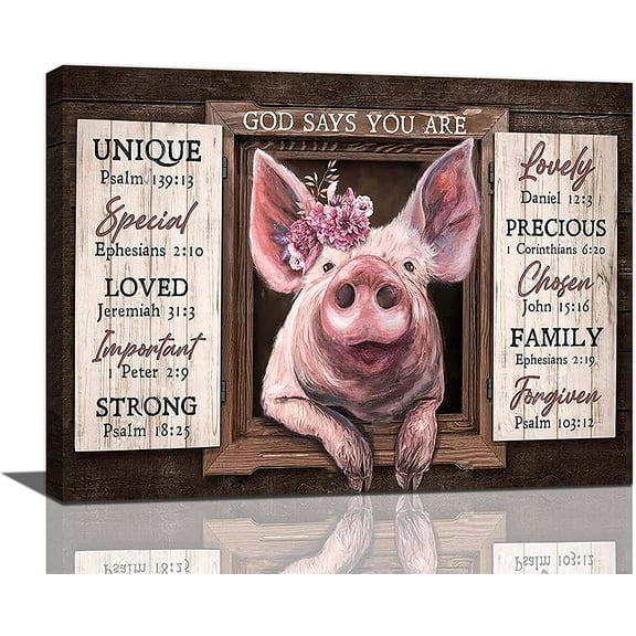 Pink Pig Canvas Wall Art Cute Funny Piggy Pictures God Says You Are Painting Rustic Farmhouse Wall Decor Modern Framed Prints Artwork Home Bathroom Bedroom Living Room Kitchen Office Decor 16"x12"