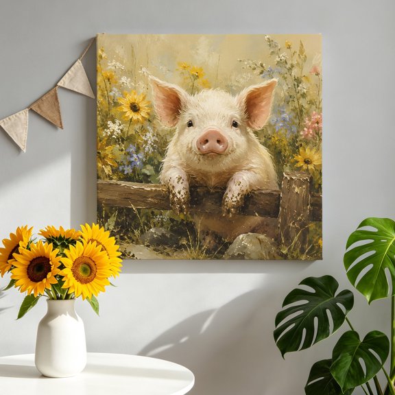 Pink Pig Canvas Wall Art, Rustic Farmhouse Yellow Wildflower Green Grassy Ground Framed Canvas Wall Decor Picture Print Artwork Decorations for Living Room Office Ready to Hang 8" x 8"