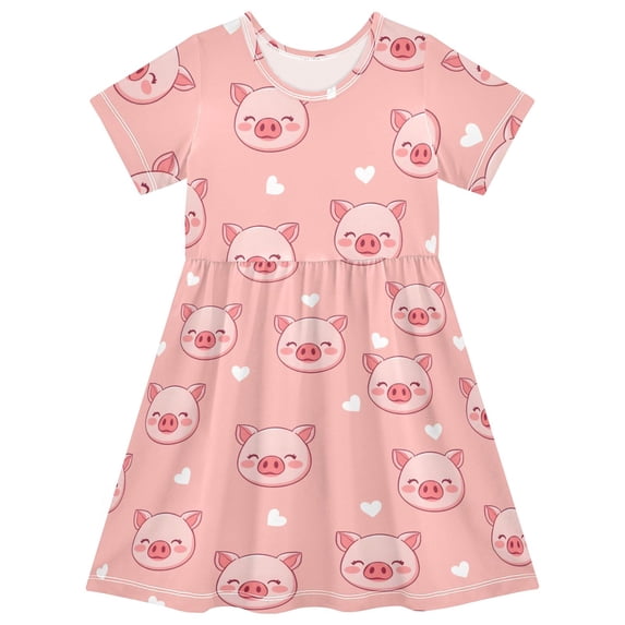 Pink Pig Heart Pattern Girls Short Sleeve Dress A Line Sun Protection Breathable Comfort Sundress 3T