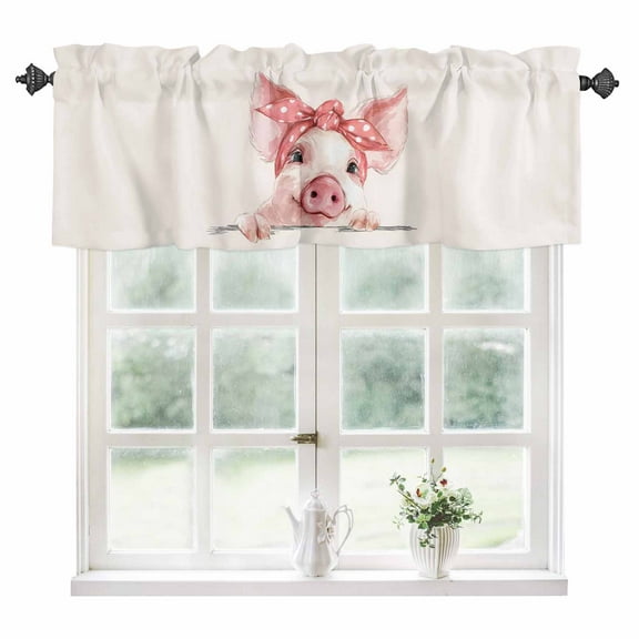 Pink Pig Kitchen Valances for Windows 42x12 Inch Kitchen Curtains Valances Rod Pocket Cartoon Watercolor Animals Printed Bows Bathroom Window Valances for Window Treatment Decor