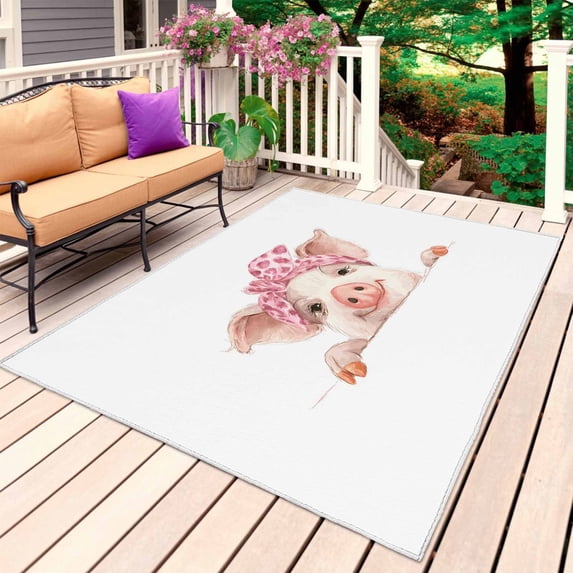 Pink Pig Outdoor Rug for Patio/Deck/Porch, Non-Slip Large Area Rug 5 x 8 Ft, Cute Bathing Animal Cartoon Watercolor White Indoor Outdoor Rugs Washable Area Rugs, Reversible Camping Rug Carpet Runner