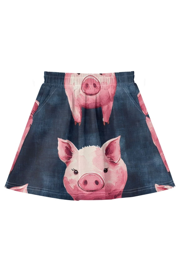 Pink Pig Pattern Cotton Skirt Built-in Liner Elastic A-Line Flared Skirt with Pockets