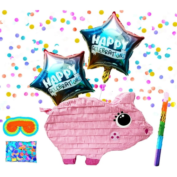 Pink Pig Pinatas, Cute Animal Design for Kids Birthday Parties, Perfect for Animal Themed Celebrations, Party Games, Photo Props Includes Busterstick, Blindfold, Confetti and 2 Ballons