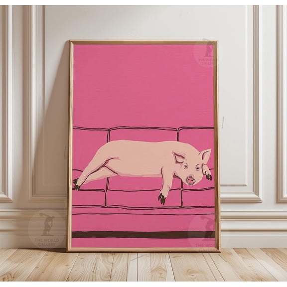 Pink Pig Poster Minimal Farm Animal Illustration Home Decor Art, Unframed Poster