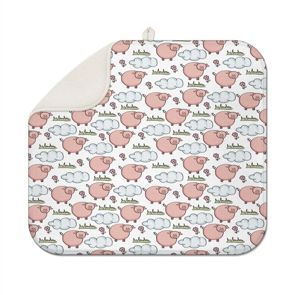 Pink Pig Print Dish Drying Mat - Thick 3-Layer Microfiber Absorbent Mat, Cute Baby Pig Pattern, Heat Resistant Sink Pad, Compact & Hanging Loop