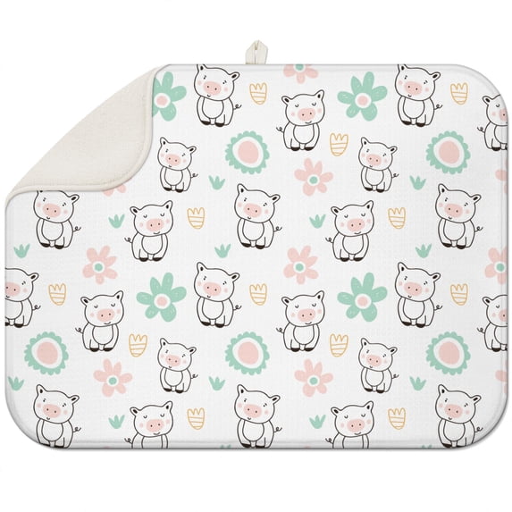 Pink Pig Print Dish Drying Mat - Thick 3-Layer Microfiber Absorbent Mat, Cute Baby Pig Pattern, Heat Resistant Sink Pad, Compact & Hanging Loop