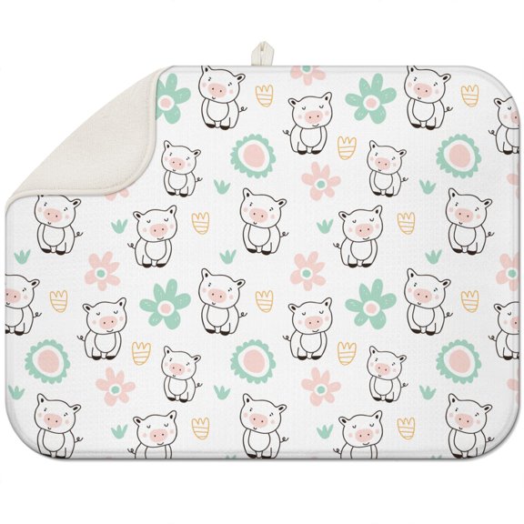 Pink Pig Print Dish Drying Mat - Thick 3-Layer Microfiber Absorbent Mat, Cute Baby Pig Pattern, Heat Resistant Sink Pad, Compact & Hanging Loop