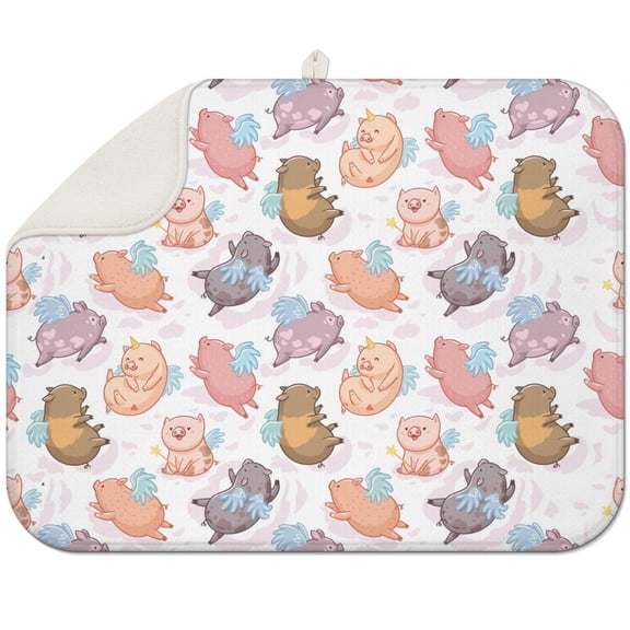 Pink Pig Print Dish Drying Mat - Thick 3-Layer Microfiber Absorbent Mat, Cute Baby Pig Pattern, Heat Resistant Sink Pad, Compact & Hanging Loop