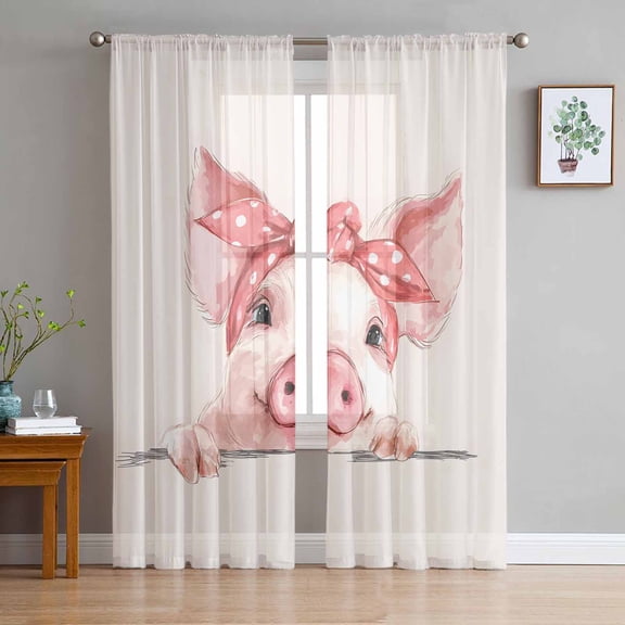 Pink Pig Sheer Curtains 72 Inches Long 2 Panels Set, Window Sheer Curtains for Living Room/Bedroom, Cartoon Watercolor Animals Printed Bows Light Filtering Rod Pocket Curtain 52'' x 72'' x 2