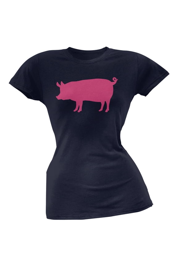 Pink Pig Silhouette Navy Soft Juniors T-Shirt - Large