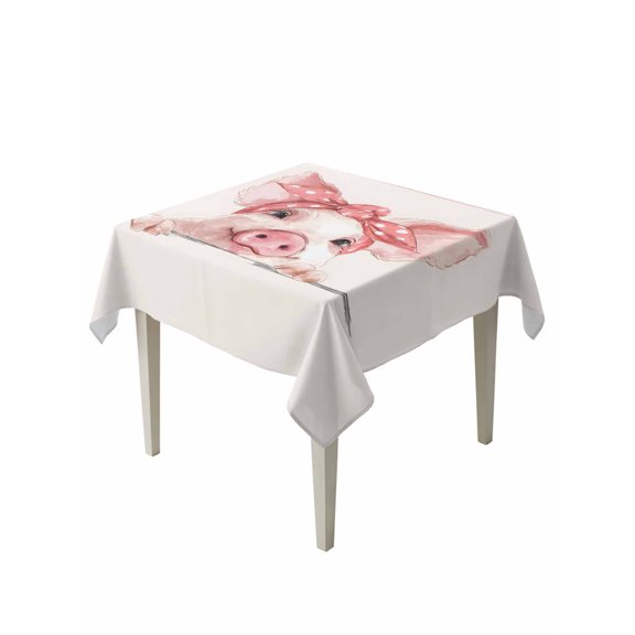 Pink Pig Table Cloth, Waterproof Tablecloth for Square Tables, Cartoon Watercolor Animals Printed Bows Reusable Washable Fabric Table Cover for Restaurant Kitchen Dining Tables 60"x60"
