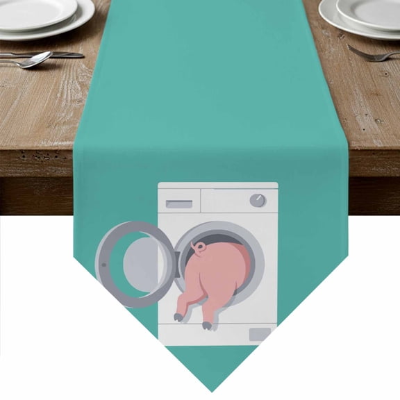 Pink Pig Table Runner Linen Burlap Table Runner 36 Inches Small Teal Laundry Room Washing Machine Dresser Scarves for Kitchen Island Coffee Dining Room Party Wedding Banquet Holiday Decor 13"x36"