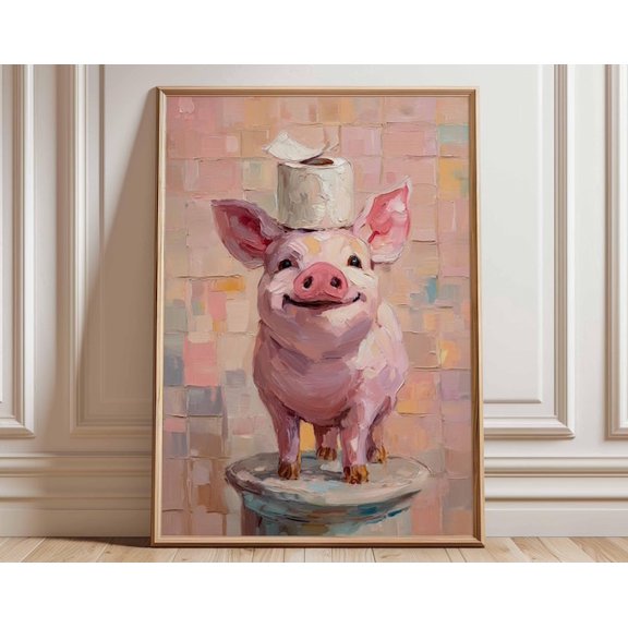 Pink Pig With Toilet Paper Wall Art Print, Unframed Paper Poster 8x10in