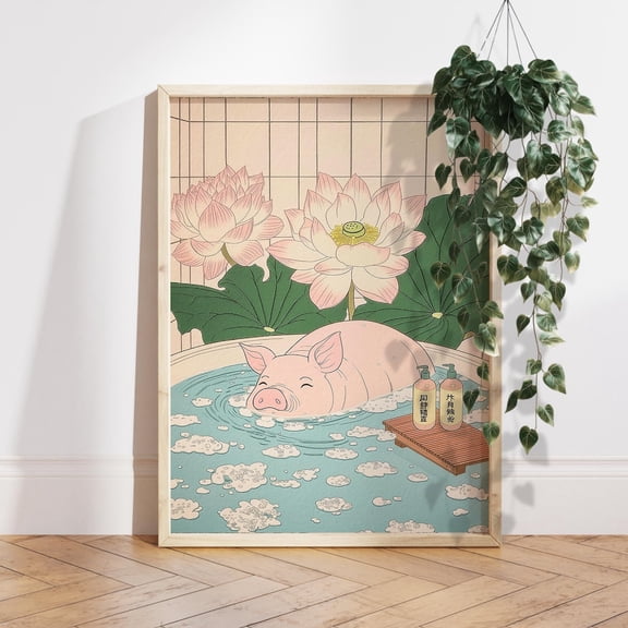 Pink Pig in Bathtub Japanese Bird Aesthetic Wall Decor, Unframed Paper Poster 8x10in