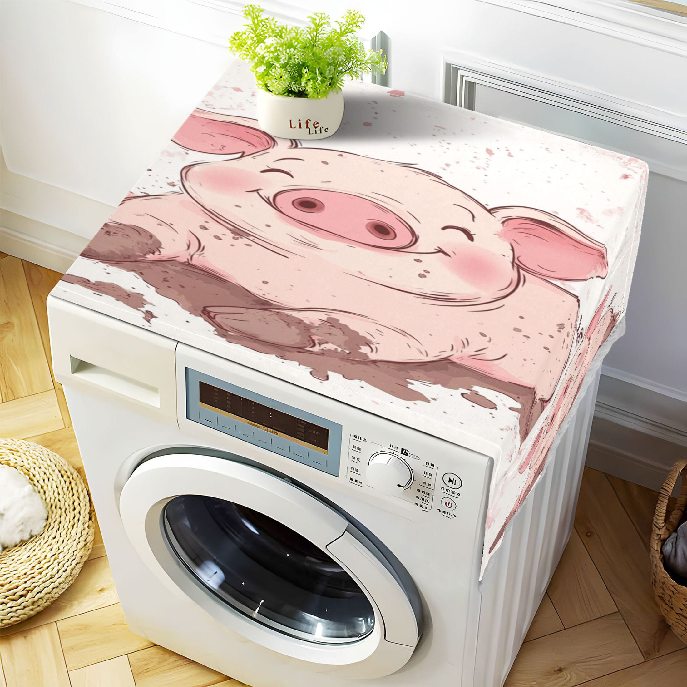 Pink PigWasher and Dryer Covers Dust-Proof and Oil Resistant Fridge Cover with 4 Storage Pockets Washing Machine Top Cover for Laundry Kitchen Home 51.2 x 22 In