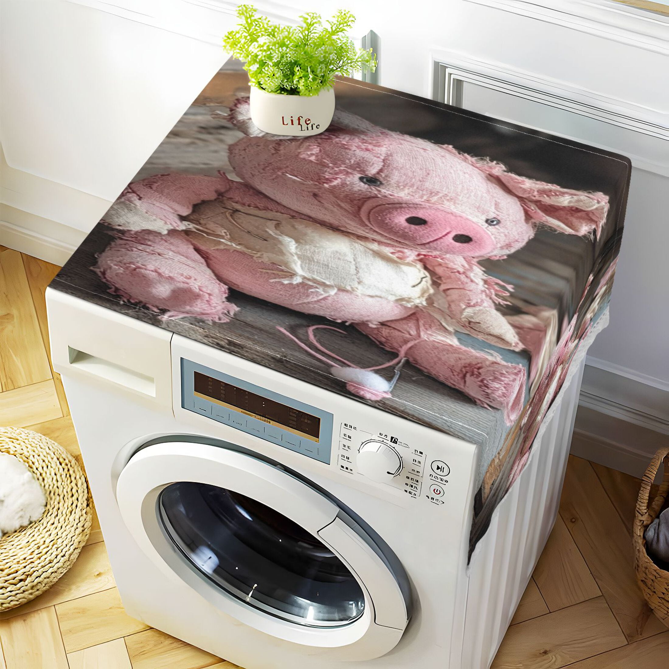 A Pink Piggy DollWasher and Dryer Covers Dust-Proof and Oil Resistant Fridge Cover with 4 Storage Pockets Washing Machine Top Cover for Laundry Kitchen Home 51.2 x 22 In