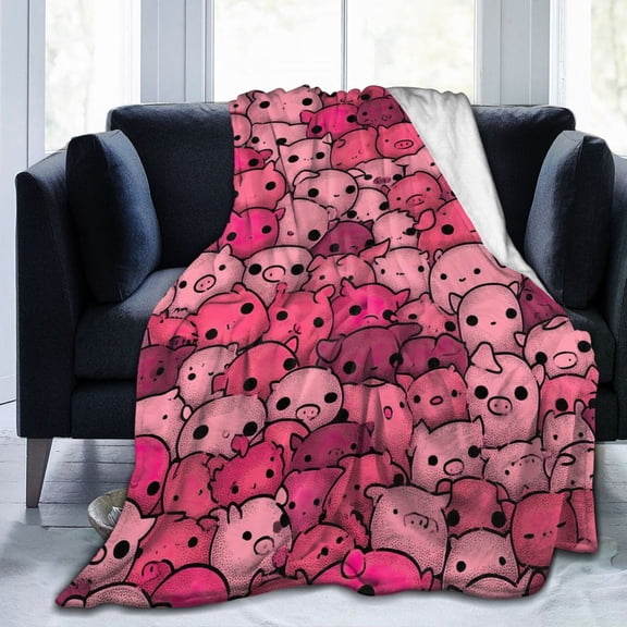 Pink Piggy Pattern Throw Blanket, Dense Cartoon Doodle Artwork,Soft Flannel Fleece, Playful and Cozy Home Decor 50x40