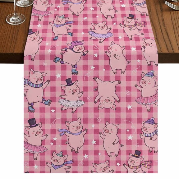 Pink Pigs Burlap Cotton Table Runner 13x72 Inches Long, Checkered Farmhouse Art Plaid Elegant Animals Farmhouse Table Runners, Outdoor Dining Tablecloths Decor for Baby Shower/Party/Wedding