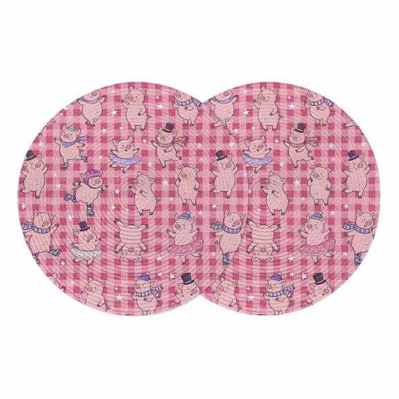 Pink Pigs Round 13 Inch Placemats Set of 2, Checkered Farmhouse Art Plaid Elegant Animals HeatResistant Non Slip Place Mats for Dining Table, Wipeable Braided Kitchen Table Mats for Housewarming