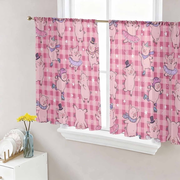 Pink Pigs Sheer Curtains 45 Inch Length 2 Panels Set, Checkered Farmhouse Art Plaid Elegant Animals Voile Window Treatment Rod Pocket Small Kitchen Curtains Drapes for Bedroom 52"x45"x2