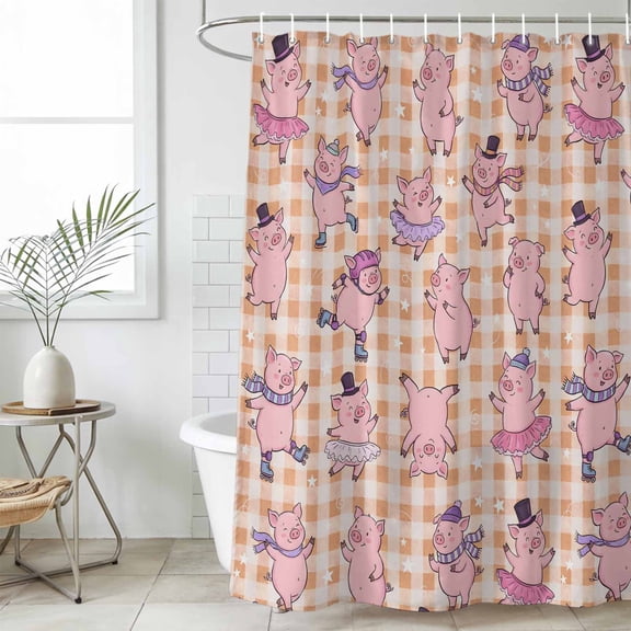 Pink Pigs Shower Curtain Set, Waterproof Shower Curtains for Bathroom, Orange Checkered Farmhouse Art Plaid Elegant Animals Washable Fabric Cloth Bath Curtain for Bathtub with Hooks 72x78 Inches