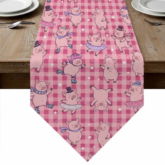 Pink Pigs Table Runner Linen Burlap Table Runner 90 Inches Long Checkered Farmhouse Art Plaid Elegant Animals Dresser Scarves for Kitchen Island Coffee Dining Room Party Wedding Holiday Decor 13"x90"