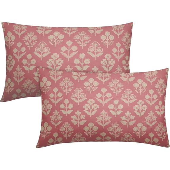 Pink Pillow Covers 12x20 Inch Set of 2, Cream Floral Block Print Pattern Lumbar Decorative Throw Pillowcases Outdoor Farmhouse Rectangle Cushion Covers Spring Summer Sofa Couch Bed Decor