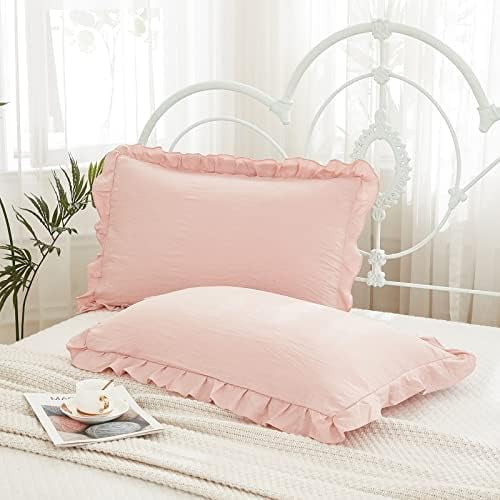 Pink Pillow Shams Baby Pink Ruffle Standard Pillowcases Cute Pillow Cover Set of 2 Shabby Chic Soft Microfiber Pillowcases 2 Pack (Queen (20''x30''), Pink)