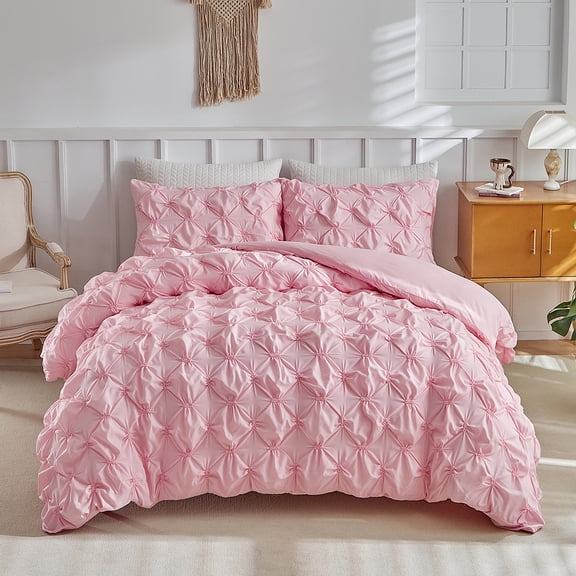 Pink Pinch Pleat Comforter Set King, Ruched Puff Bedding Set, Luxury Boho Soft Microfiber All Season Tufted Bed Comforter with 2 Pillow Shams