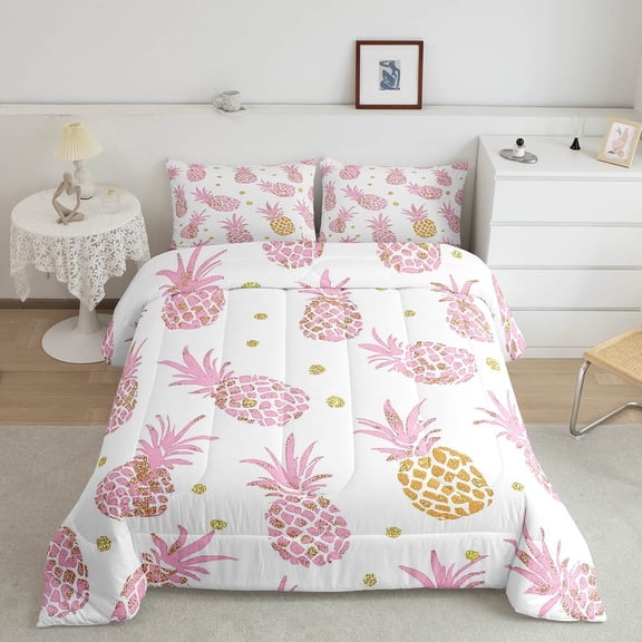 Pink Pineapple Queen Comforter Set,Cartoon Yummy Fruit Bedding Set Teens Adults,Neon Fruit Down Comforter,Delicious Pineapple Bed Set