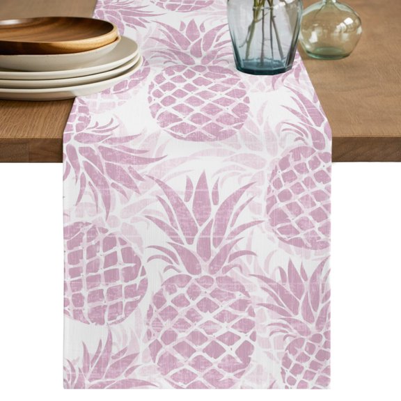 Pink Pineapple Short Table Runner 48 Inches Long,Summer Botanical Tropical Fruits Cotton Linen Table Runners Dresser Scarves,Fabric Tabletop Scarf Furniture Cover for Home Dinner Party Decor 13"x48"