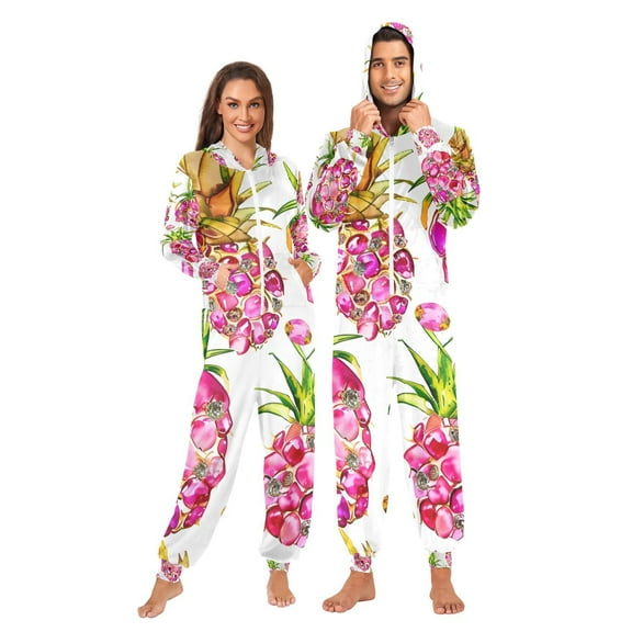 Pink Pineapples Adult Onesie Pajamas Slim Fit Christmas One Piece Suit Pjs for Women and Men Hooded Zipper
